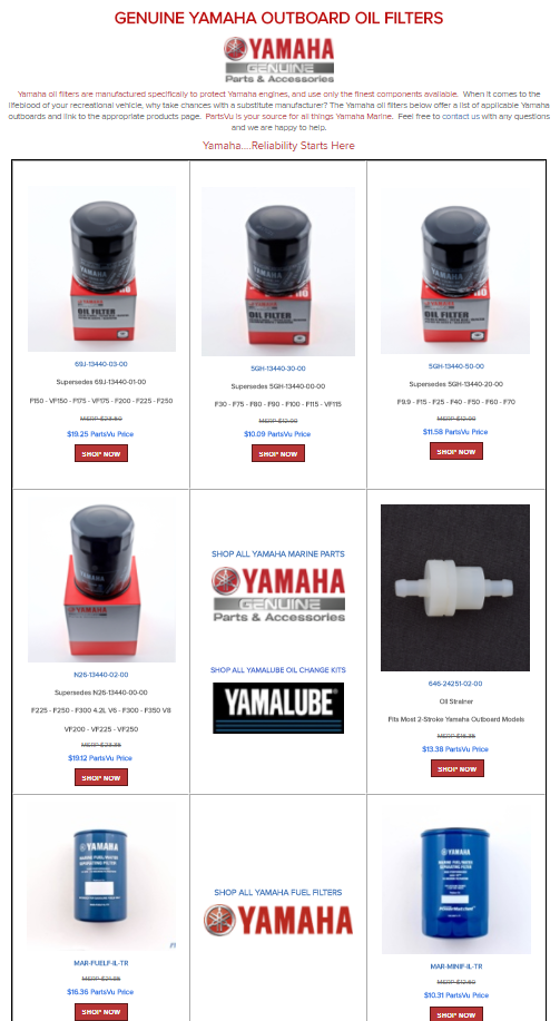 Yamaha Oil Filter Chart